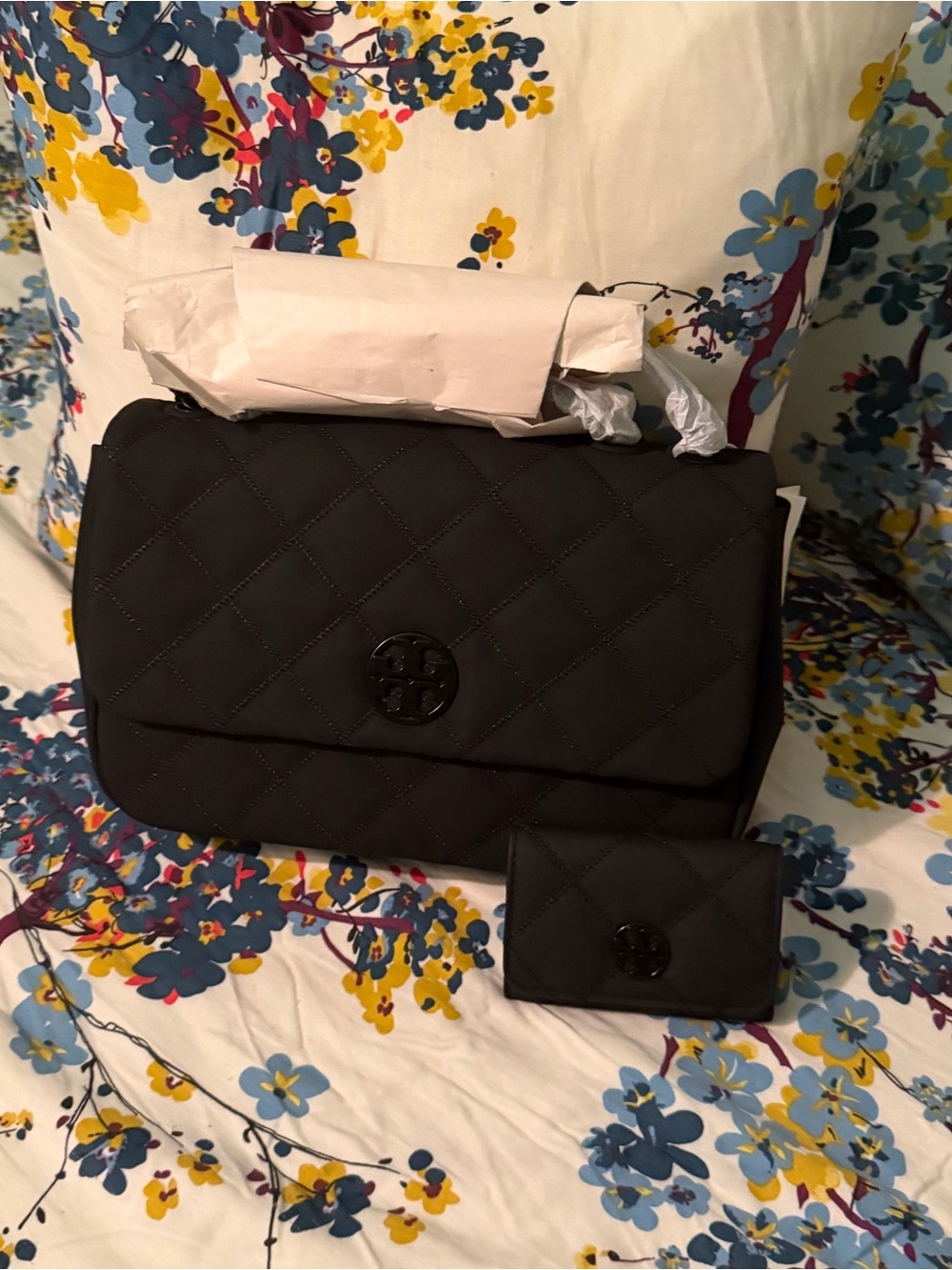 Tory Burch Black Quilted Leather Shoulder Bag with Matching Wallet NWT